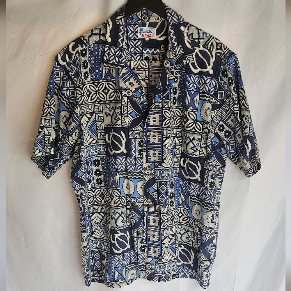 Hawaiian Geometrical Print Shirt Mens Navy Blue/Beige